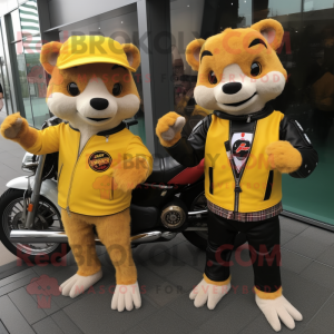 Yellow Mongoose mascot costume character dressed with a Biker Jacket and Brooches