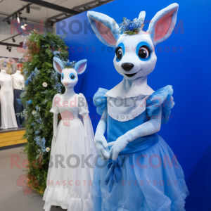 Blue Roe Deer mascot costume character dressed with a Wedding Dress and Headbands