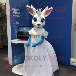 Blue Roe Deer mascot costume character dressed with a Wedding Dress and Headbands