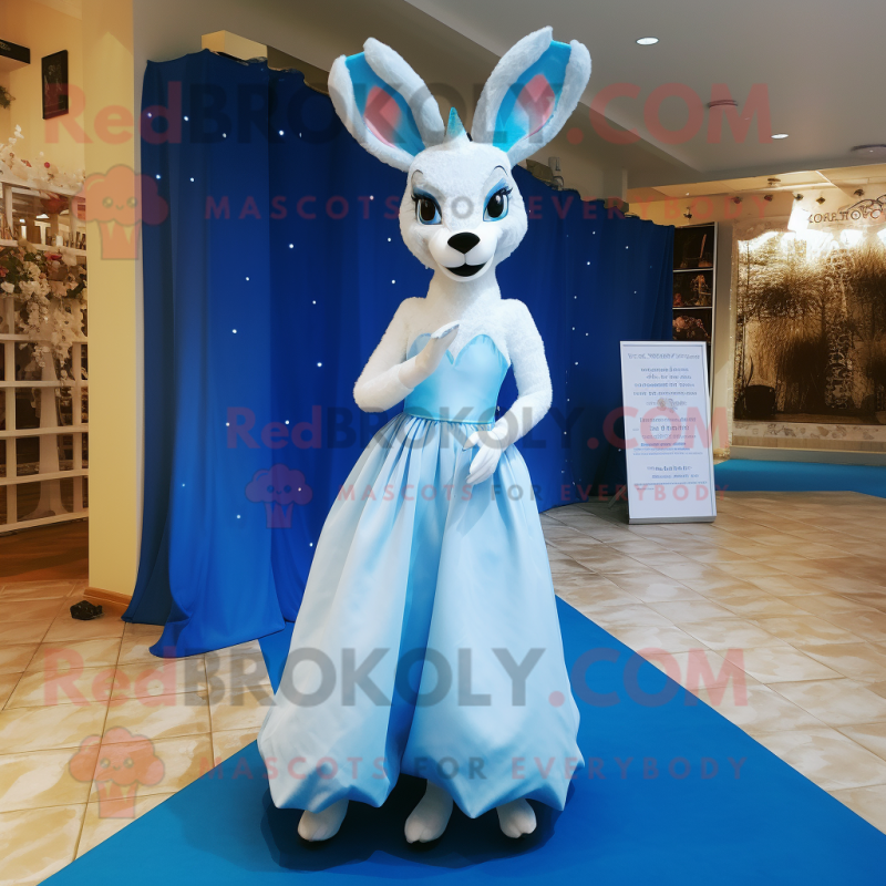 Blue Roe Deer mascot costume character dressed with a Wedding Dress and Headbands