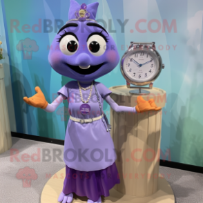 Lavender Wrist Watch mascot costume character dressed with a Maxi Skirt and Necklaces