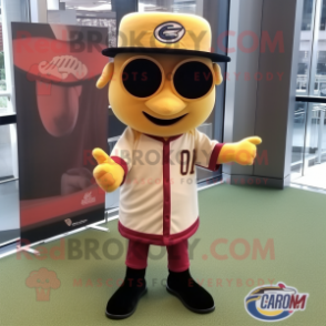 Gold Cherry mascot costume character dressed with a Baseball Tee and Sunglasses