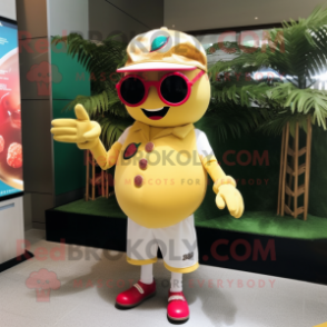 Gold Cherry mascot costume character dressed with a Baseball Tee and Sunglasses