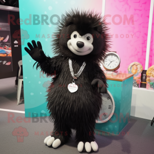 Black Porcupine mascot costume character dressed with a Pleated Skirt and Bracelet watches