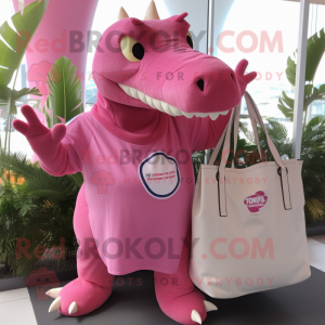 Pink Iguanodon mascot costume character dressed with a V-Neck Tee and Tote bags