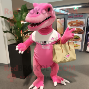 Pink Iguanodon mascot costume character dressed with a V-Neck Tee and Tote bags