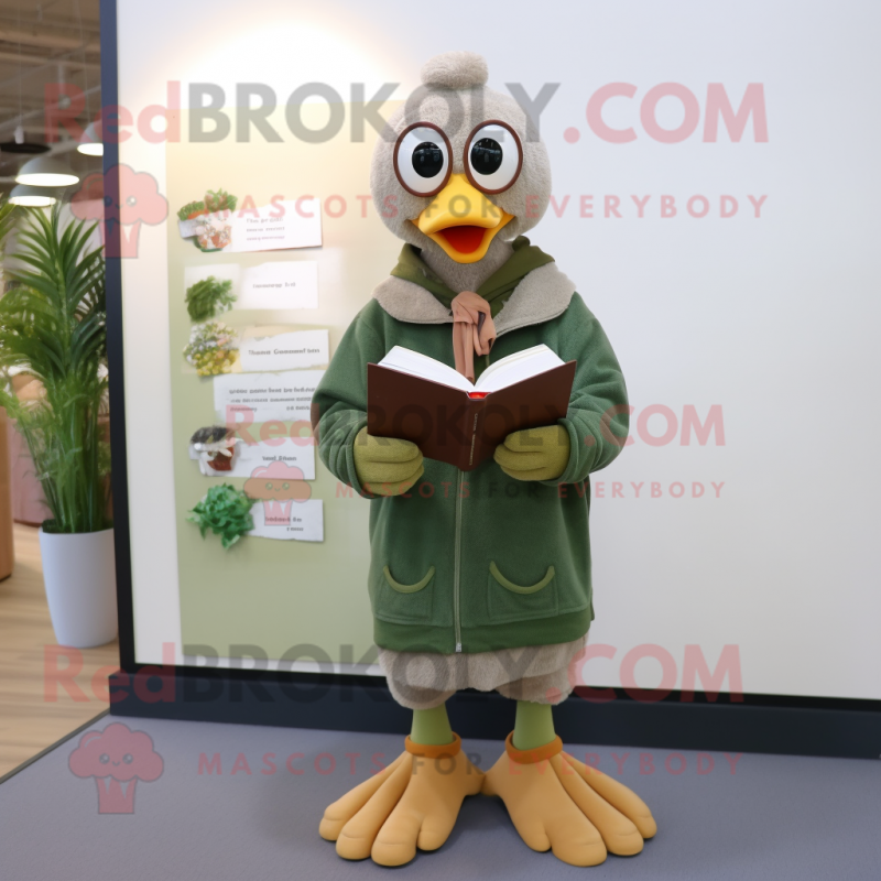 Olive Goose mascot costume character dressed with a Sweater and Reading glasses Olive Goose mascot costume character dressed with a Sweater and Reading glasses
