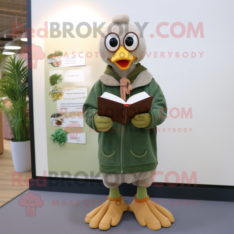 Olive Goose mascot costume character dressed with a Sweater and Reading glasses