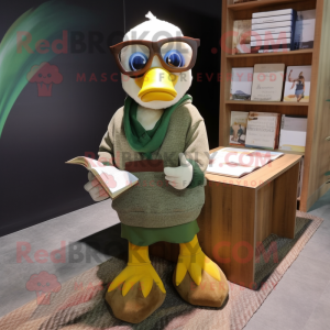 Olive Goose mascot costume character dressed with a Sweater and Reading glasses