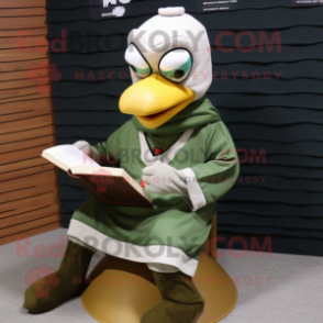 Olive Goose mascot costume character dressed with a Sweater and Reading glasses