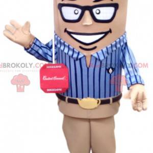 Mascote homem dinâmico com camisa azul, comercial -