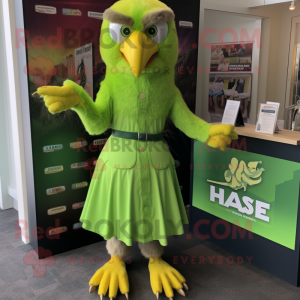 Lime Green Haast'S Eagle mascot costume character dressed with a A-Line Skirt and Watches