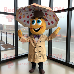 Tan Pizza mascot costume character dressed with a Raincoat and Bow ties
