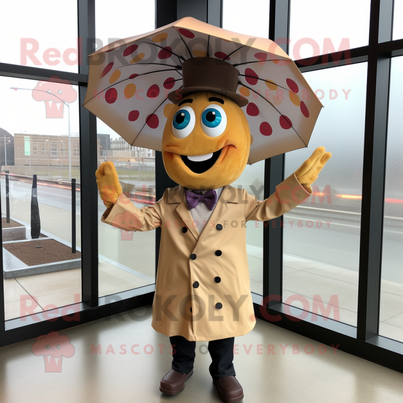 Tan Pizza mascot costume character dressed with a Raincoat and Bow ties