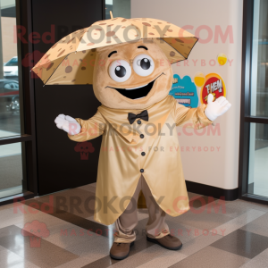 Tan Pizza mascot costume character dressed with a Raincoat and Bow ties