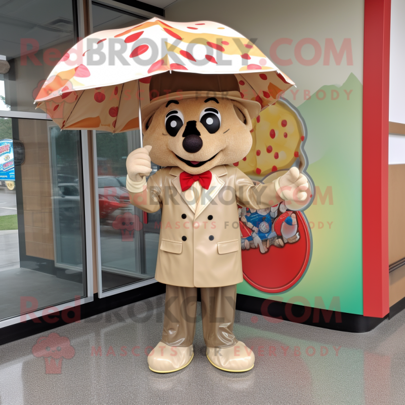 Tan Pizza mascot costume character dressed with a Raincoat and Bow ties