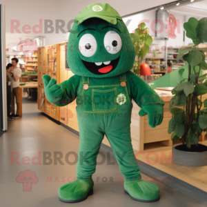 Forest Green Meatballs mascot costume character dressed with a Dungarees and Shoe clips