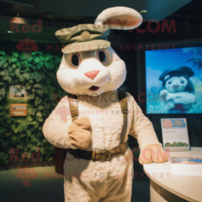 Tan Rabbit mascot costume character dressed with a Rash Guard and Berets