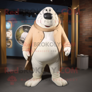 Cream Walrus mascot costume character dressed with a Blazer and Wraps