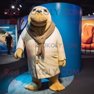 Cream Walrus mascot costume character dressed with a Blazer and Wraps