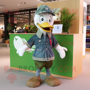Forest Green Geese mascot costume character dressed with a Chambray Shirt and Clutch bags