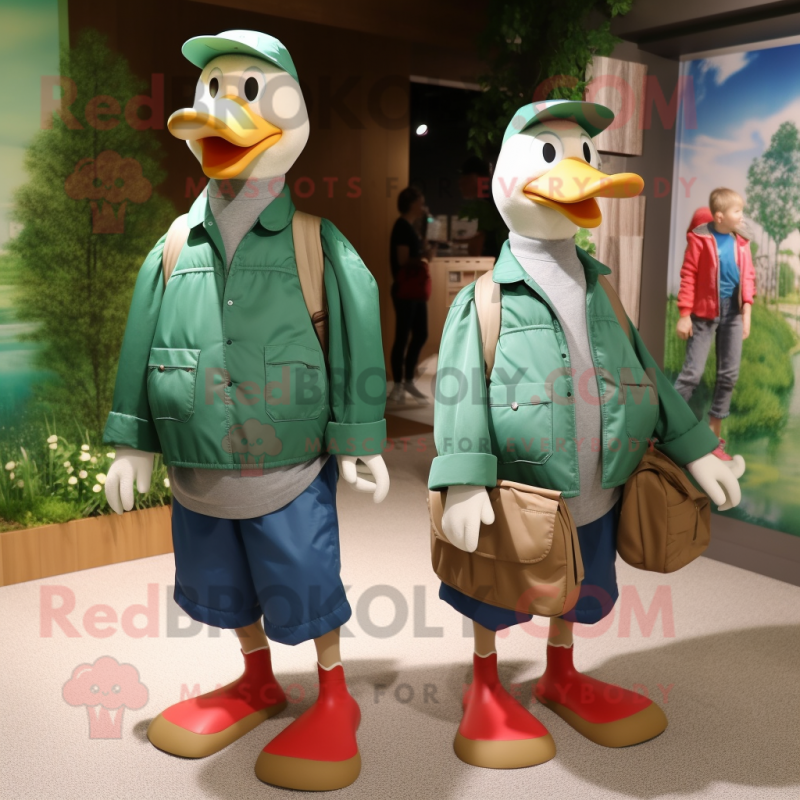 Forest Green Geese mascot costume character dressed with a Chambray Shirt and Clutch bags