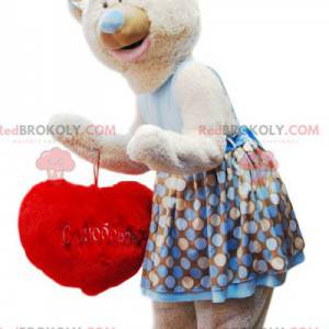 Mascote urso bege fofinho com sua almofada vermelha "Coração" -