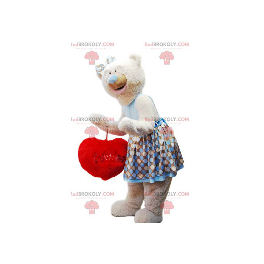 Beige beer mascotte knuffelig met zijn rode "Heart" kussen -