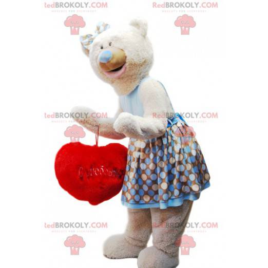 Mascotte orso beige coccolone con il suo cuscino rosso "Cuore"