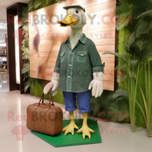 Forest Green Geese mascot costume character dressed with a Chambray Shirt and Clutch bags