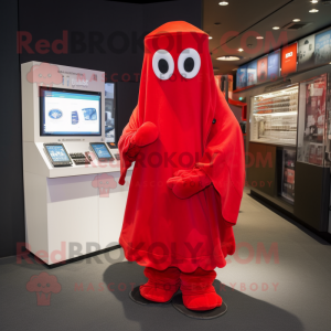 Red Ghost mascot costume character dressed with a Parka and Coin purses