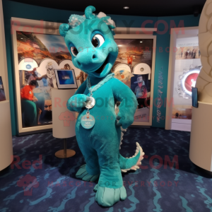 Teal Seahorse mascot costume character dressed with a Wrap Dress and Lapel pins