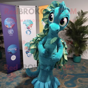 Teal Seahorse mascot costume character dressed with a Wrap Dress and Lapel pins