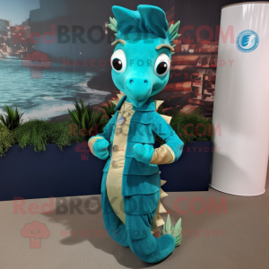 Teal Seahorse mascot costume character dressed with a Wrap Dress and Lapel pins