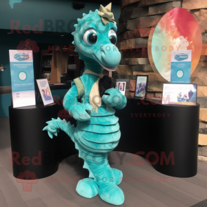 Teal Seahorse mascot costume character dressed with a Wrap Dress and Lapel pins