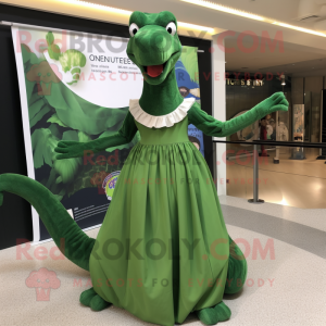 Forest Green Brachiosaurus mascot costume character dressed with a Maxi Skirt and Suspenders