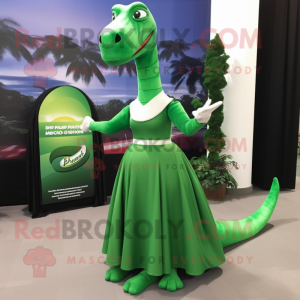 Forest Green Brachiosaurus mascot costume character dressed with a Maxi Skirt and Suspenders