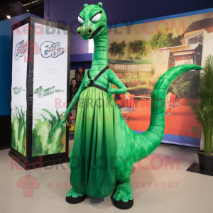 Forest Green Brachiosaurus mascot costume character dressed with a Maxi Skirt and Suspenders