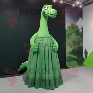 Forest Green Brachiosaurus mascot costume character dressed with a Maxi Skirt and Suspenders