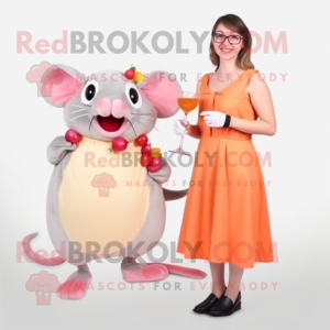 Peach Rat mascot costume character dressed with a Cocktail Dress and Shoe laces