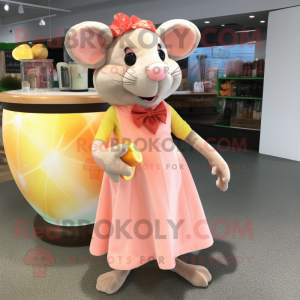 Peach Rat mascot costume character dressed with a Cocktail Dress and Shoe laces