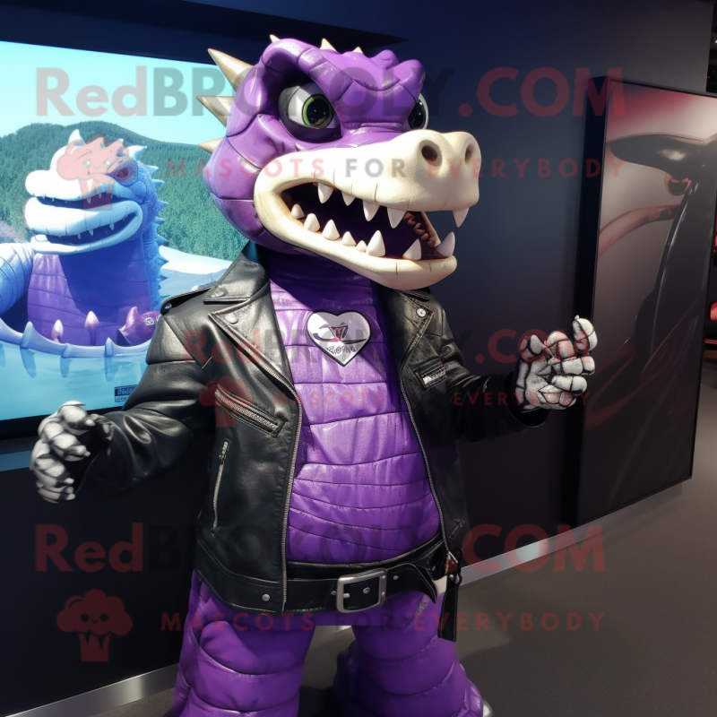 Purple Crocodile mascot costume character dressed with a Biker Jacket and Cufflinks