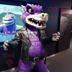 Purple Crocodile mascot costume character dressed with a Biker Jacket and Cufflinks