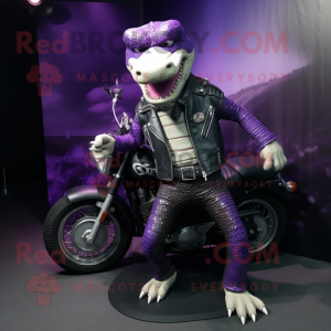 Purple Crocodile mascot costume character dressed with a Biker Jacket and Cufflinks