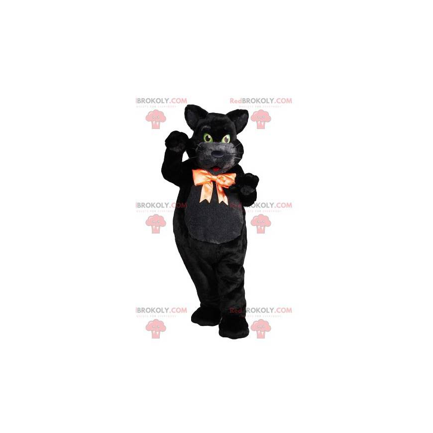Macsotte gato negro con ojos verdes con su lazo naranja -