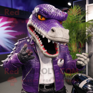 Purple Crocodile mascot costume character dressed with a Biker Jacket and Cufflinks