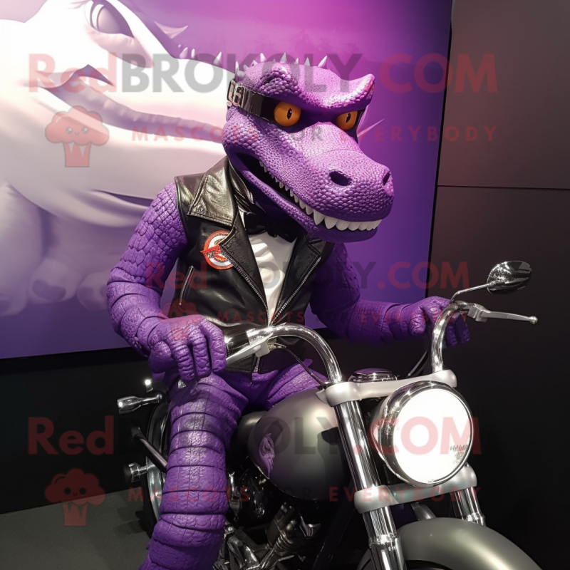 Purple Crocodile mascot costume character dressed with a Biker Jacket and Cufflinks Purple Crocodile mascot costume character dressed with a Biker Jacket and Cufflinks