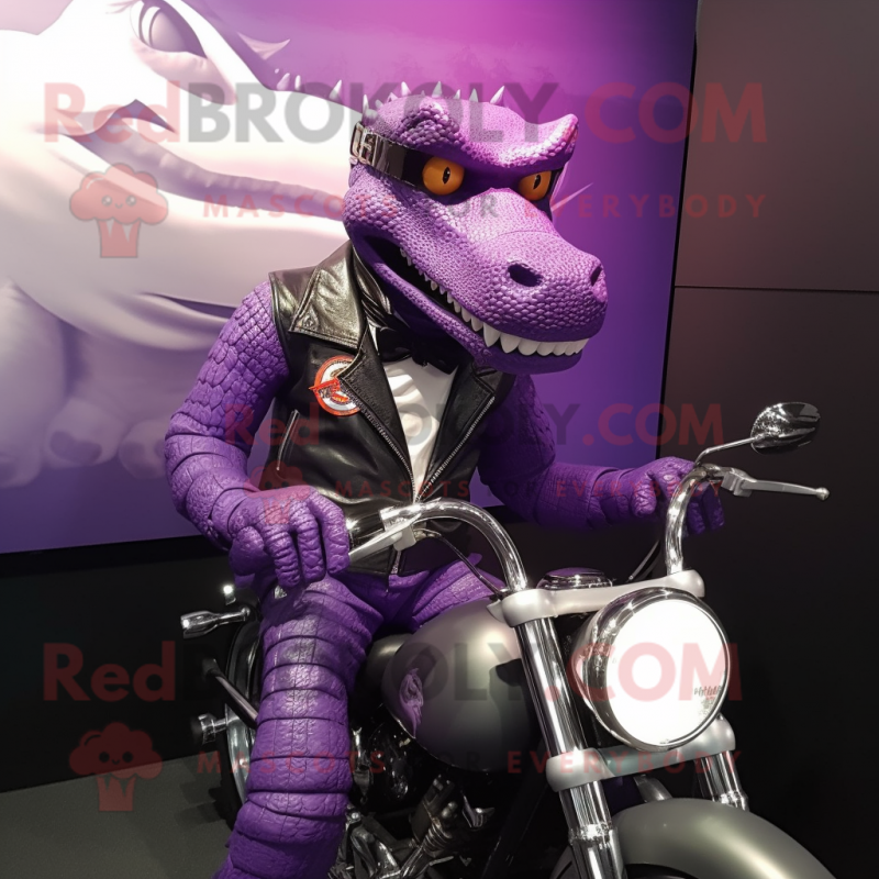 Purple Crocodile mascot costume character dressed with a Biker Jacket and Cufflinks