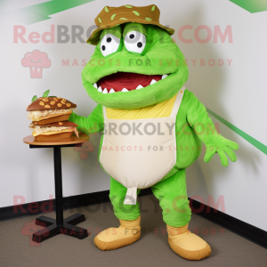 Lime Green Pulled Pork Sandwich mascot costume character dressed with a Chinos and Foot pads