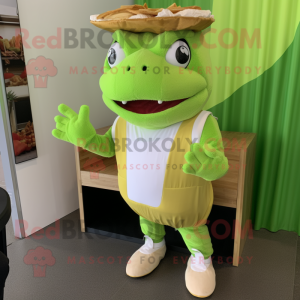 Lime Green Pulled Pork Sandwich mascot costume character dressed with a Chinos and Foot pads